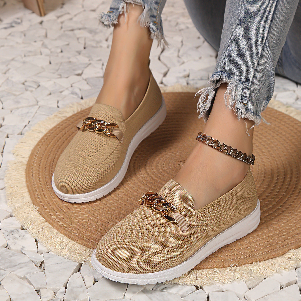 loveccr Loafers Women's  Spring/Summer New Fly Woven Mesh Breathable Shoes Women's Cross-Border plus Size round Toe Shallow Mouth Sneakers Women