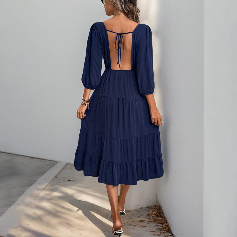 LOVECCR Hot summer   and the United States hot sale explosion simple temperament elegant dress V neck high waist solid color dress