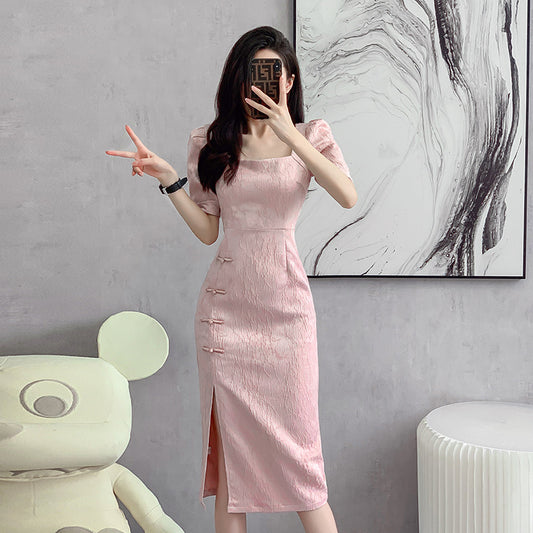 LOVECCR  Improved Cheongsam Dress Women  Summer New Retro Gentle and Stylish Girl Goddess Temperament Slit Midi Skirt