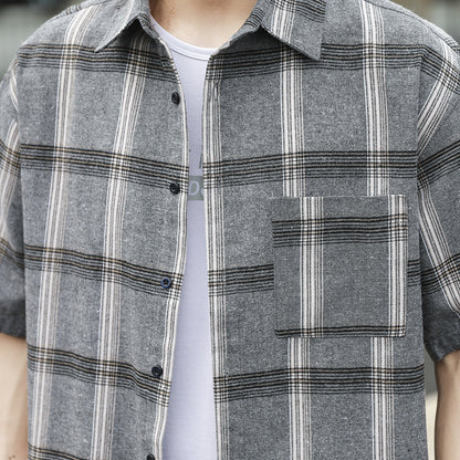 Japanese Loose Lapel Short-Sleeved Men's Shirt Fashion Brand Plaid Casual Shirt Men's Shirt Fashion Wholesale