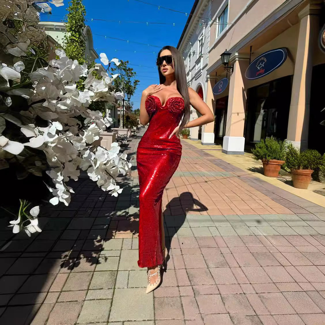 LOVECCR 2023 new red sequined suspender dress high-end 2025 women's clothing fashion long Christmas slim base