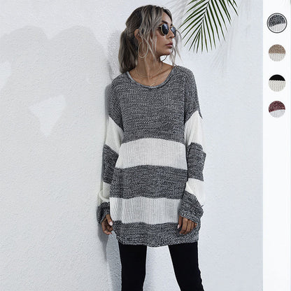 LOVECCR 2025 new New Popular trade striped color matching crew neck knitted sweater medium and long loose lazy sweater autumn and winter women's clothing