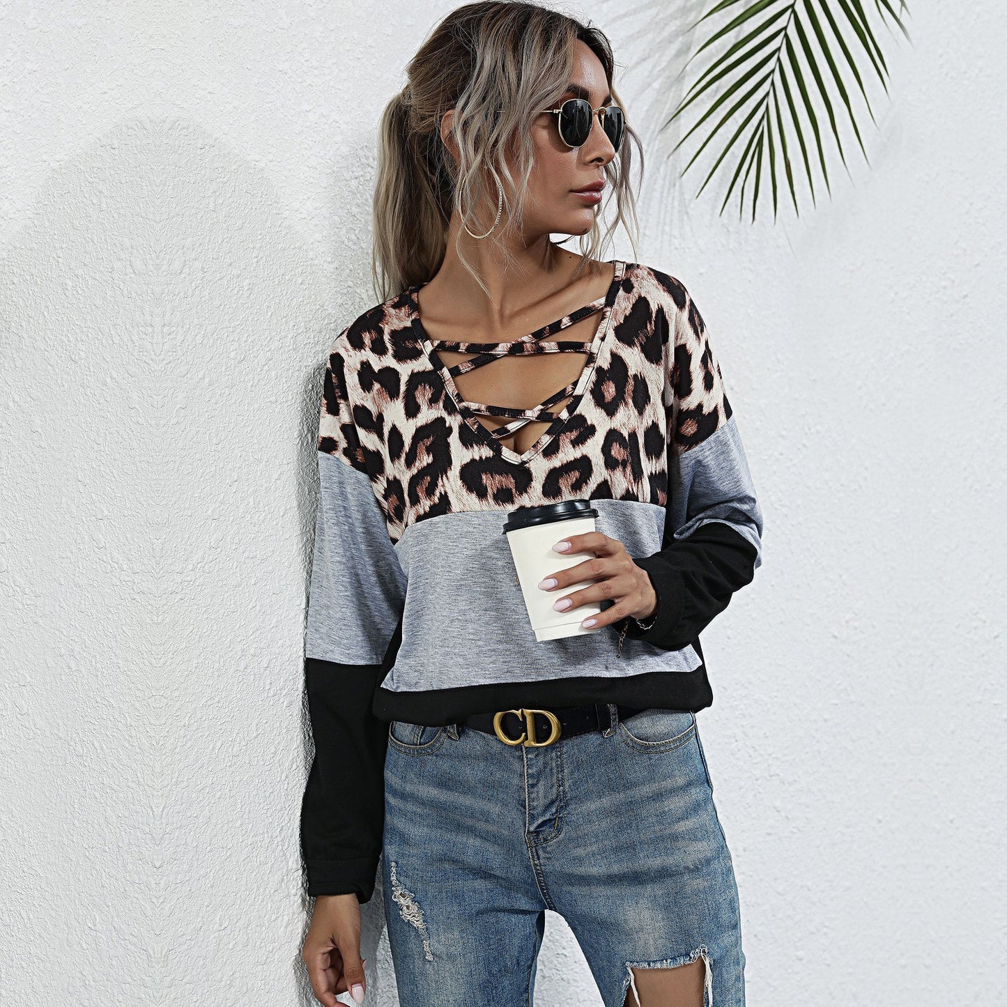 LOVECCR Cross-border Popular trade women's clothing leopard print splicing T-shirt women's long-sleeved trend hollow contrasting color  2025 pullover top