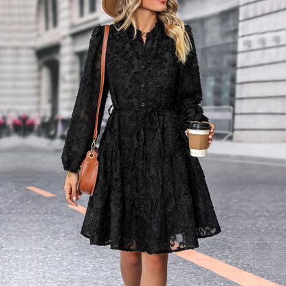 LOVECCR New Hot Trade Black Skirt Hot Autumn New 2025 Jacquard Long Sleeve  Dress