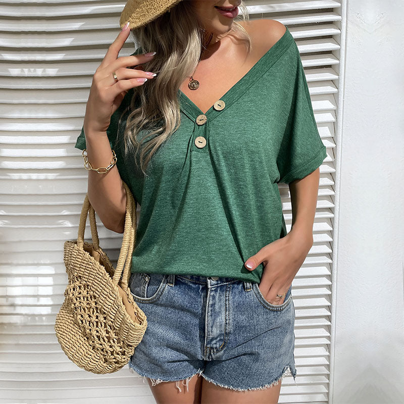 LOVECCR New new popular summer casual loose solid color 2025 top v-neck short-sleeved t-shirt women