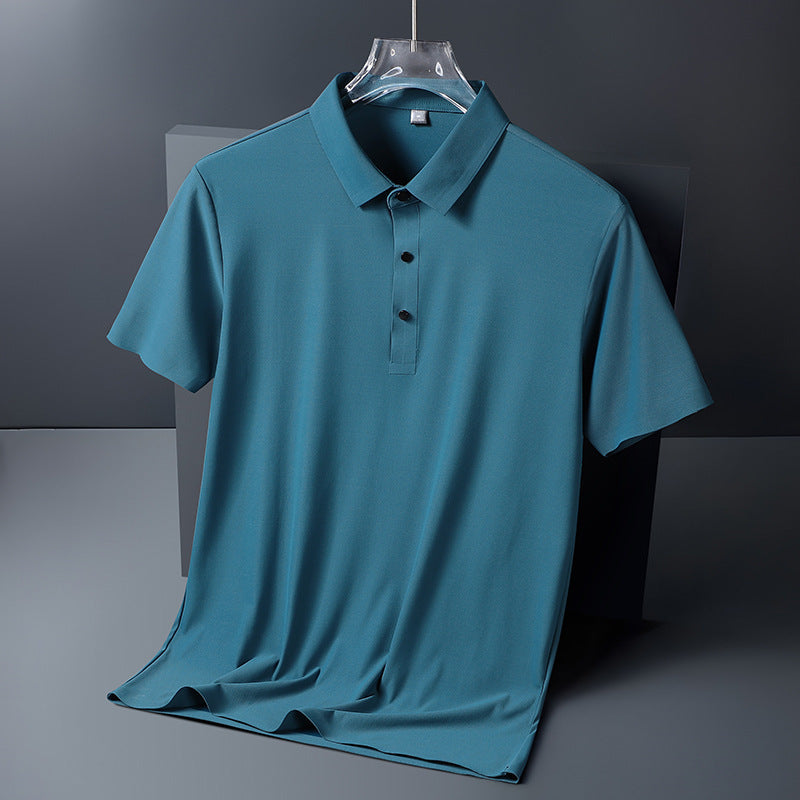 Summer Business Casual Men's Clothing Ice Silk Seamless Polo Shirt High Elastic Non-Ironing Thin Short Sleeve Lapel T-shirt Short Sleeve