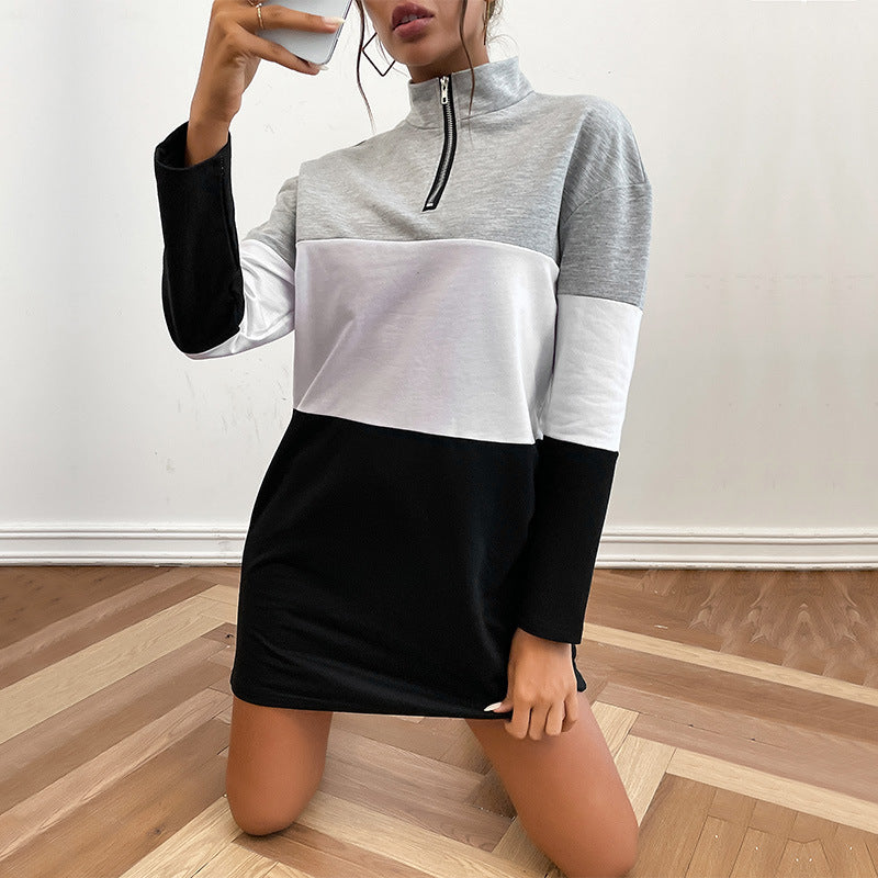 LOVECCR New Popular trade popular autumn new South East Asia zipper stand-up neck sweater black splicing sweater skirt