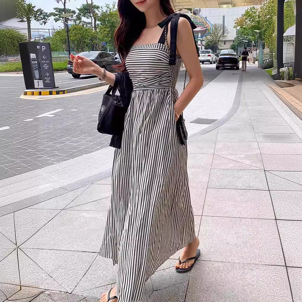 LOVECCR South Korea Chic Summer Niche Temperament Square Collar off-Shoulder Contrast Color Striped Waist Slimming Sling Dress Dress