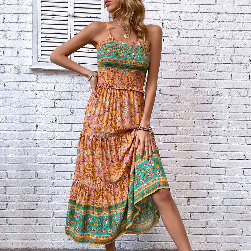 LOVECCR Hot summer new 2025 bohemian women's clothing suspender tropical print dress