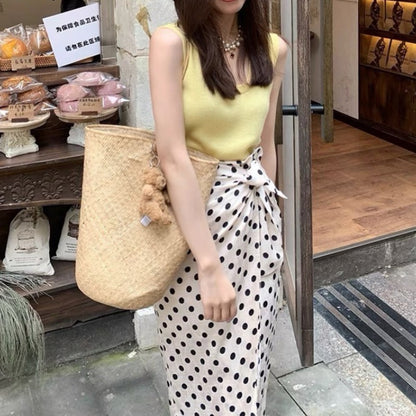 Fashionable Elegant Women's New Summer Clothes Matching Set of Age-Reducing Beautiful Western Style Yellow with Polka Dots Dress Suit