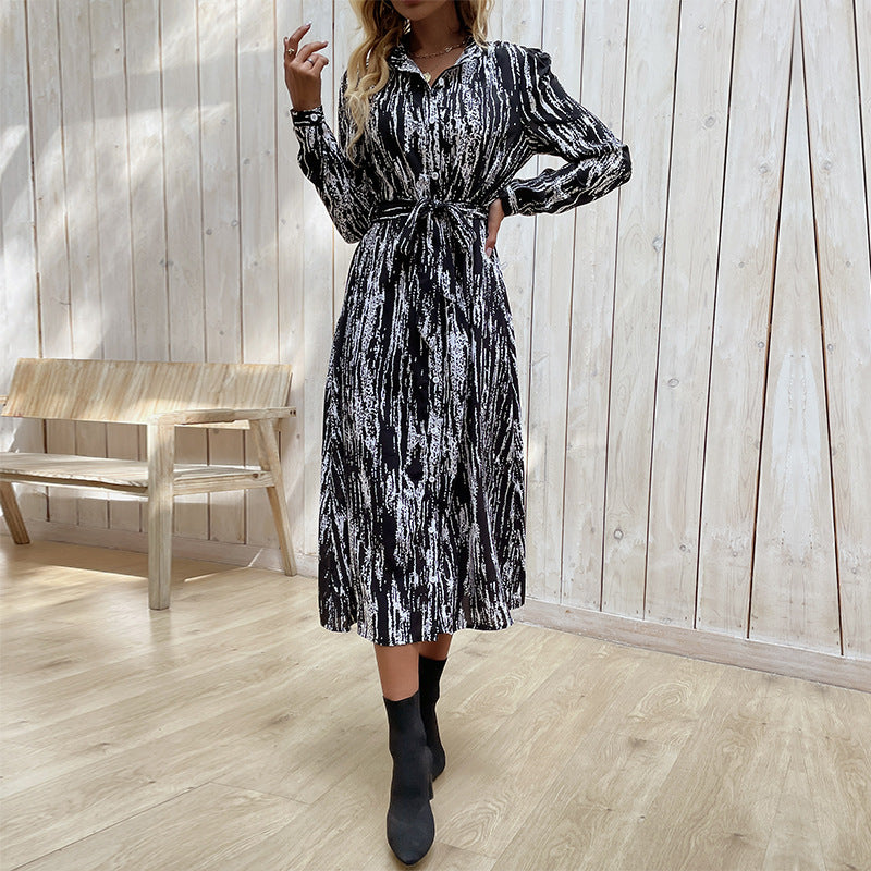 LOVECCR   Hot new fashion 2025 women's clothing lapel lace temperament commuter printed dress