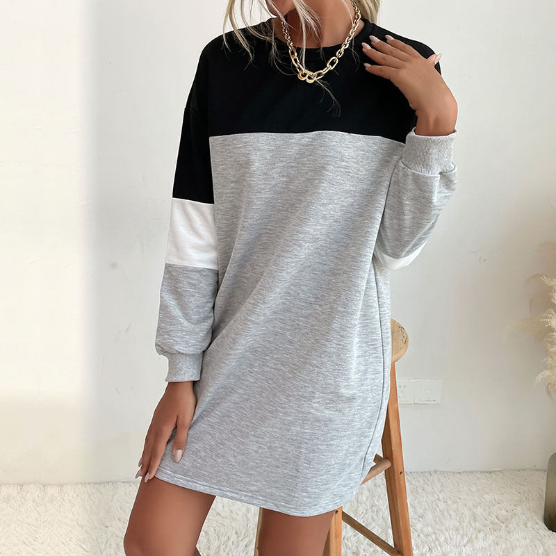 LOVECCR popular autumn new Popular trade women's clothing round neck straight skirt color matching casual medium and long pullover sweater skirt