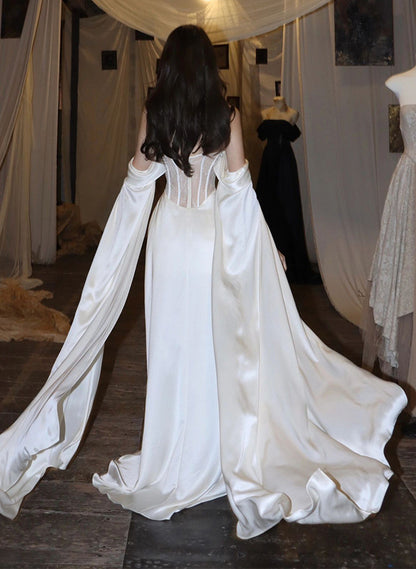 LOVECCRWhite Satin A-line Long Scoop Long Evening Dress, White Satin Prom Dress