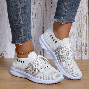 loveccr Foreign Trade plus Size Leisure Sneaker Female  HOTan and NEWn New Flying Woven Wedge round Head Lace-up Women's Breathable Mesh Shoes