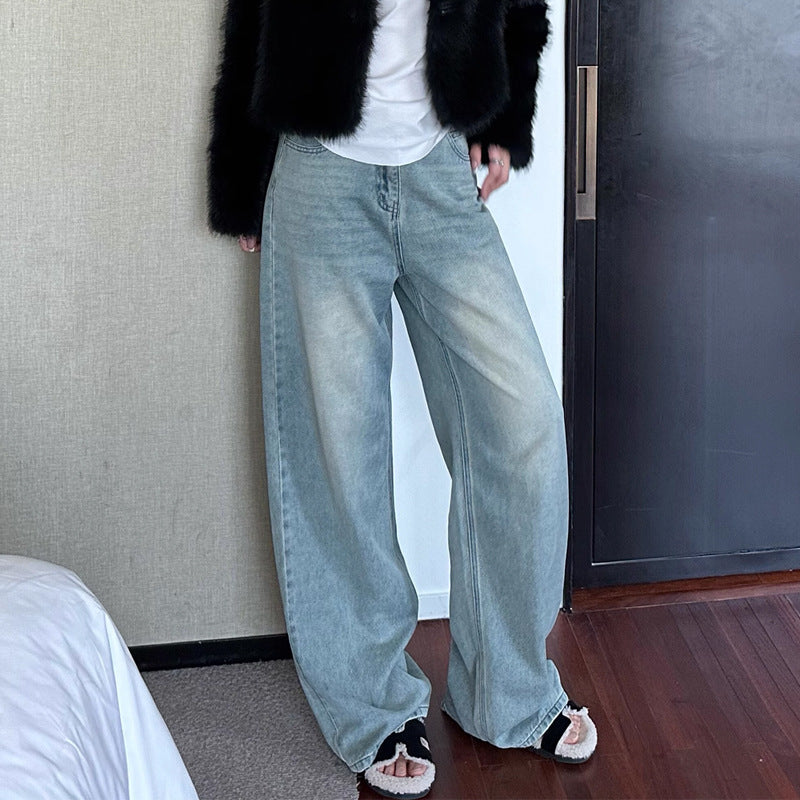 Jin Yi Laid-Back Figure Flattering Washed Light Blue Jeans Loose Edging Straight Mop Wide Leg Trousers for Women New