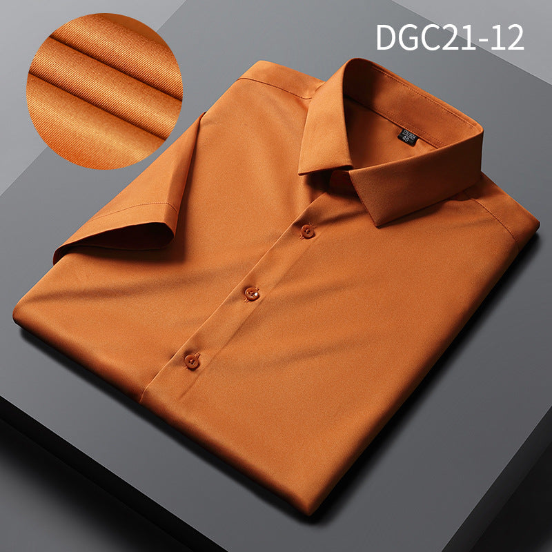 Short-Sleeved Shirt Men's Spring Summer Sweat Absorbing Breathable Shirt Korean Style Slim-Fitting Iron-Free Anti-Wrinkle Solid Color Simple Men's Shirt