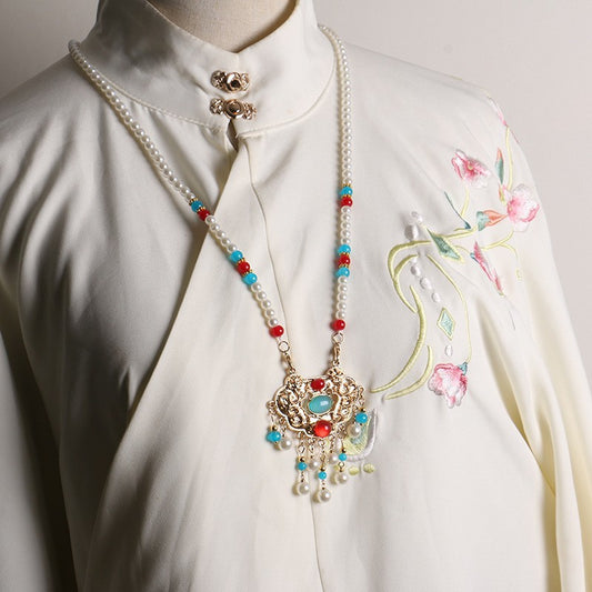 Han Chinese Clothing Beiyun Necklace of Precious Stones Long Necklace Tassel Pearl Collar Ming Ancient Style Longevity Lock Flat-Fitting Collar Accessories