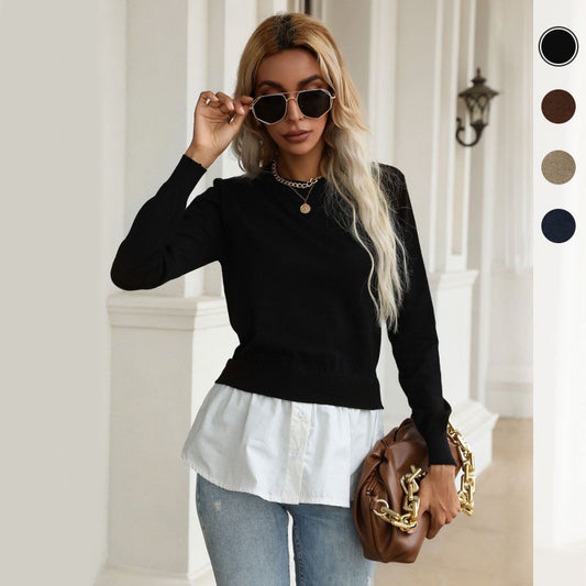 LOVECCR New popular autumn new product fashion shirt splicing top pullover fake two-piece knitted sweater women's clothing