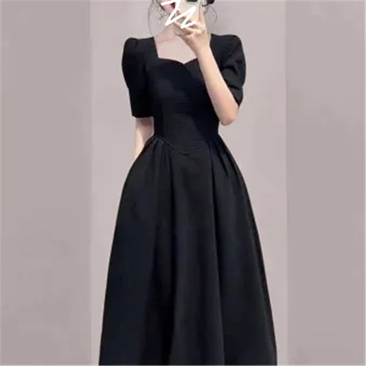 Elegant Hepburn Style High Sense Square Collar Dress  Summer New Women's Clothing Western Style Waist-Slimming Puff Sleeve Skirt