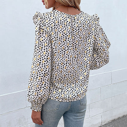 LOVECCR Hot new   casual shirt fashion 2025 women's clothing long-sleeved V-neck polka dot ruffle shirt