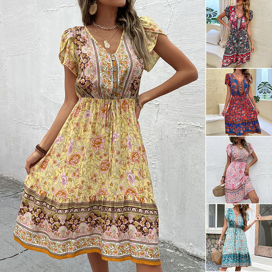 LOVECCR  new Hot 2025 popular women's clothing summer v-neck petal sleeve bohemian print dress