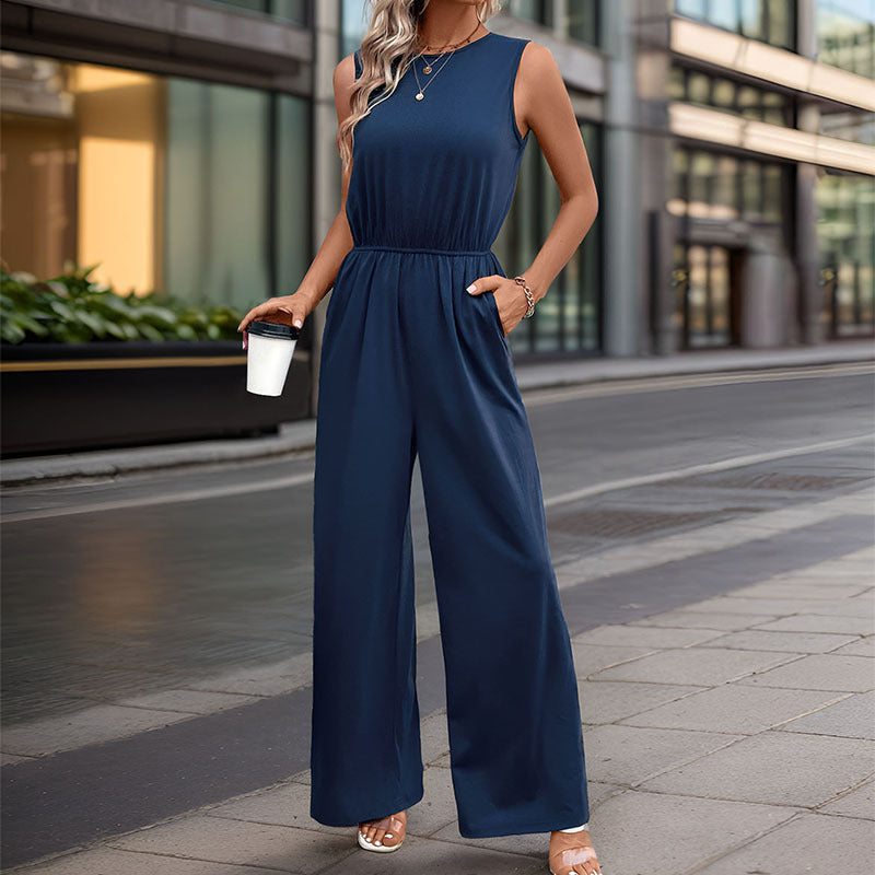 LOVECCR 2025  women's clothing sleeveless simple commuter jumpsuit high-waisted elastic-waisted jumpsuit straight-leg trousers