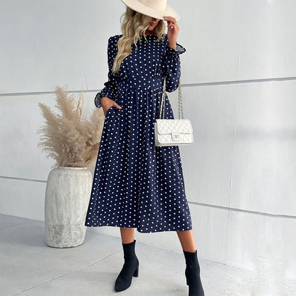 LOVECCR New  2025 Women's Clothing Hot Autumn and Winter New Long Sleeve Blue Polka Dot Medium and Long Dress