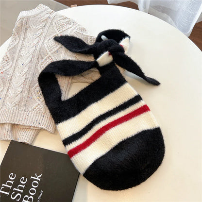 eybag  -  New Knitted Fluffy Striped Shoulder Bags Female Korean Version Crossbody Hundreds Weaving Woolen Handbag Large Capacity Tote Bag