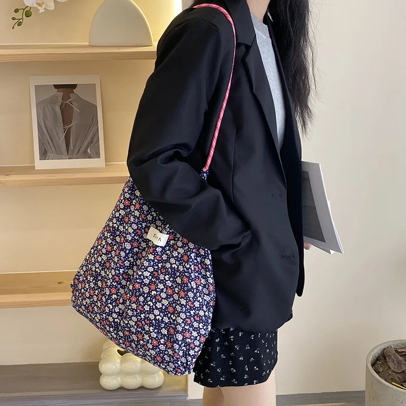 eybag  -  Ins Small Floral Drawstring Shoulder Bag Polyester Fibre Summer Thin Tote Bags Women's Leisure Handbag