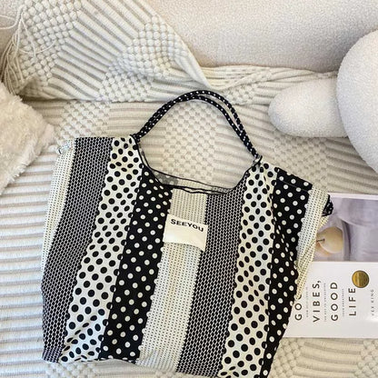 eybag  -  Female Polka Dot Canvas Bag 2024 New Cloth Shoulder Tote Bags  Drawstring Shopping Handbag Thin Style