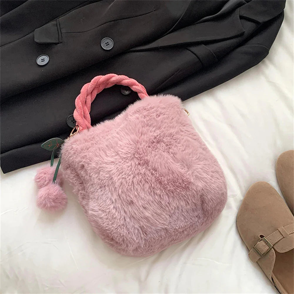 eybag  -  Winter Fluffy Small Square Shopping Bag 2024 New Ladies Faux Rabbit Handbag  Plush Cherry Trinket Shoulder Bags Chain Crossbody