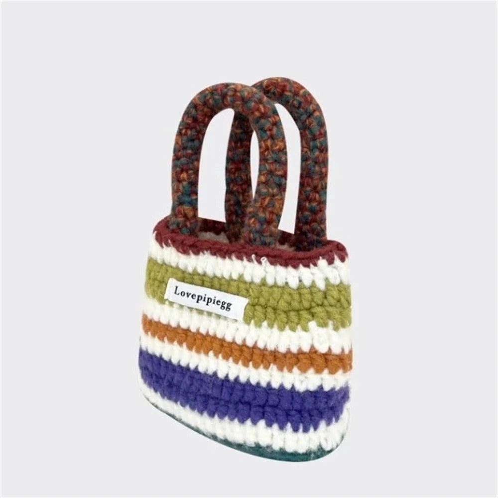 eybag  -  Women Chunky Wool Hand Knitting Handbag Rainbow Stripes Tote Weaving Shopping Bag Fashion Large Capacity Crossbody Shoulder Bag