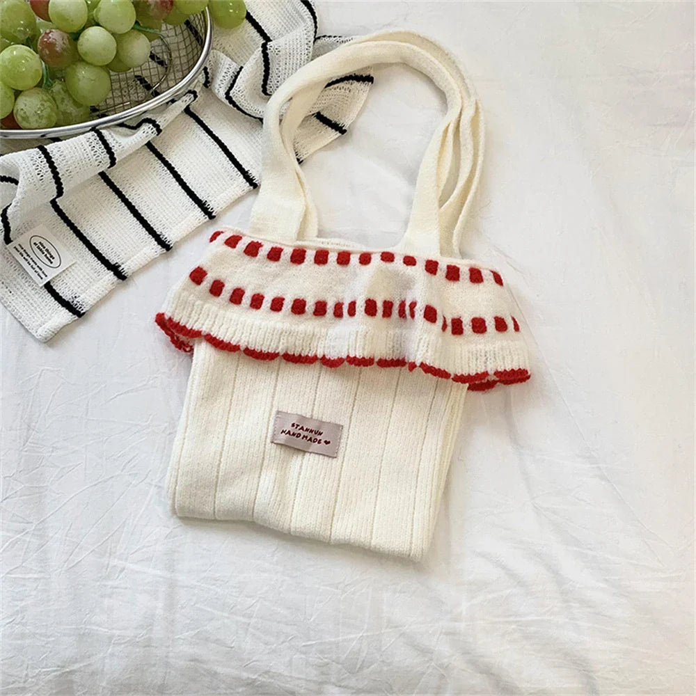 eybag  -  2024 Ladies Sweet Knitted Handbag Small Skirt Patchwork Armpit Shopping Bags New Women's Winter Wool Tote Bag Soft Shoulder Bag