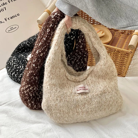 eybag  -  2024 Women's Small Square Wool Knitted Shoulder Bag Autumn Winter Tote Handbag Cotton Daily Wrist Bags