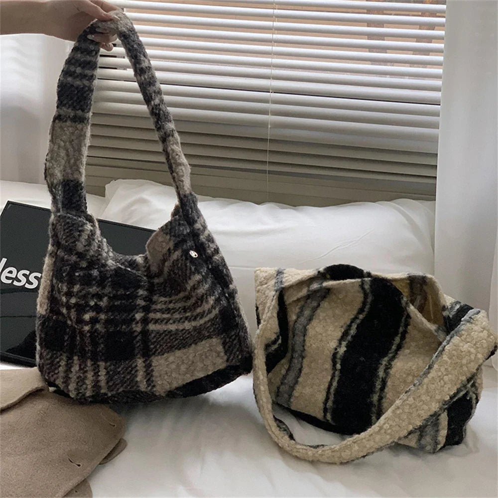 eybag  -  Woolen Tweed Soft Shoulder Bag Women's Large Capacity Magnetic Buckle Handbag Commuter Shopper Armpit Bag Crossbody Bag