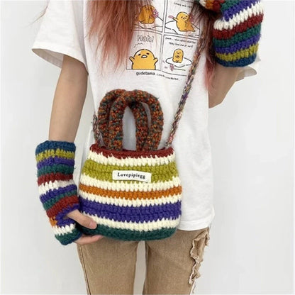 eybag  -  Women Chunky Wool Hand Knitting Handbag Rainbow Stripes Tote Weaving Shopping Bag Fashion Large Capacity Crossbody Shoulder Bag