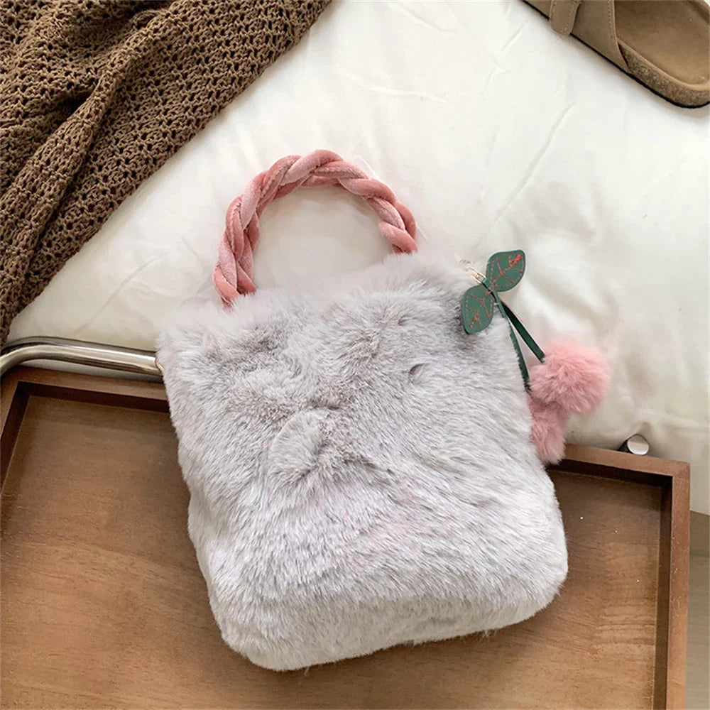 eybag  -  Winter Fluffy Small Square Shopping Bag 2024 New Ladies Faux Rabbit Handbag  Plush Cherry Trinket Shoulder Bags Chain Crossbody