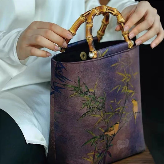 eybag  -  Women's Vintage Embroidery Shopping Bag Original Bamboo Handle  Ancient Style Handbag Chinese Large Capacity Country Style Tote