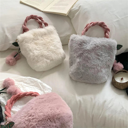 eybag  -  Winter Fluffy Small Square Shopping Bag 2024 New Ladies Faux Rabbit Handbag  Plush Cherry Trinket Shoulder Bags Chain Crossbody