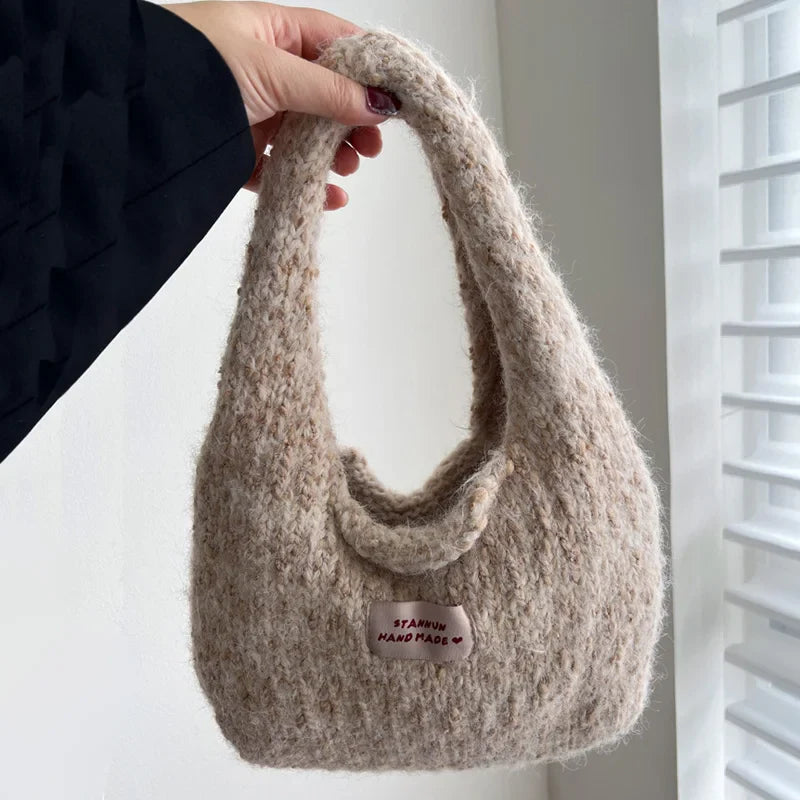 eybag  -  2024 Women's Small Square Wool Knitted Shoulder Bag Autumn Winter Tote Handbag Cotton Daily Wrist Bags