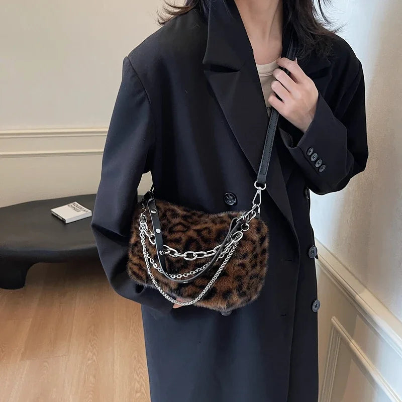 eybag  -  Small Leopard Faux Fur Shoulder Bags for Women 2024 Y2K Winter Fashion Crossbody Bags New Females Luxury Handbags