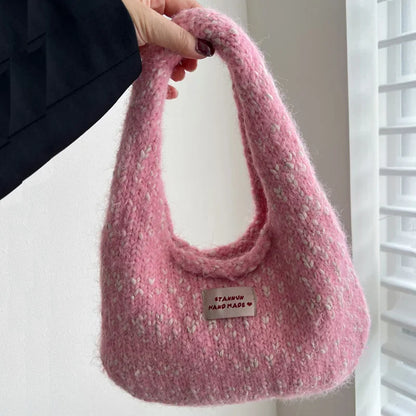 eybag  -  2024 Women's Small Square Wool Knitted Shoulder Bag Autumn Winter Tote Handbag Cotton Daily Wrist Bags