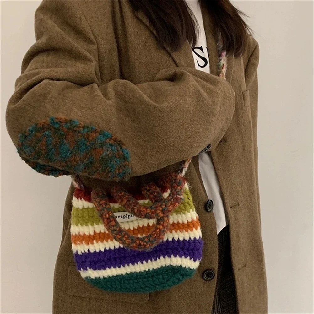 eybag  -  Women Chunky Wool Hand Knitting Handbag Rainbow Stripes Tote Weaving Shopping Bag Fashion Large Capacity Crossbody Shoulder Bag