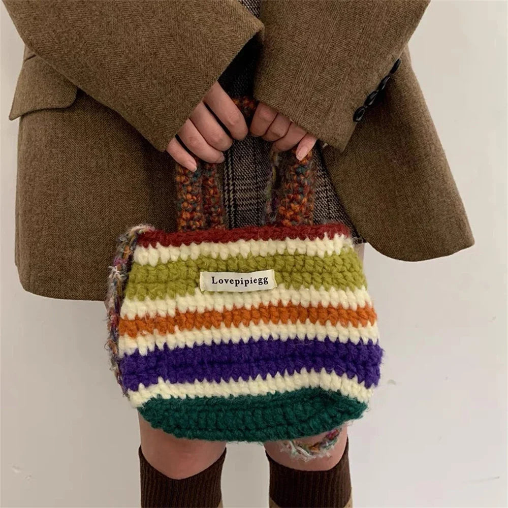 eybag  -  Women Chunky Wool Hand Knitting Handbag Rainbow Stripes Tote Weaving Shopping Bag Fashion Large Capacity Crossbody Shoulder Bag