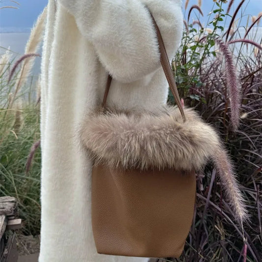 eybag  -  NEW fur Leather Bucket Bag for Women New Vintage messenger High Quality Simple Handbag Lady Shoulder Luxury bag female