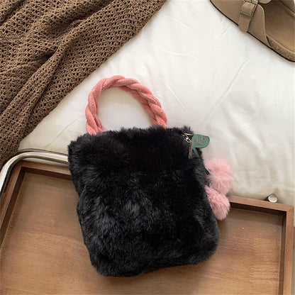 eybag  -  Winter Fluffy Small Square Shopping Bag 2024 New Ladies Faux Rabbit Handbag  Plush Cherry Trinket Shoulder Bags Chain Crossbody