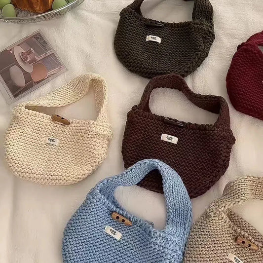 eybag  -  Wool Knitted Small Handbag Daily Walk Vintage Horn Buckle Tote Bag Solid Color Ladies Travel Handbags For Woman