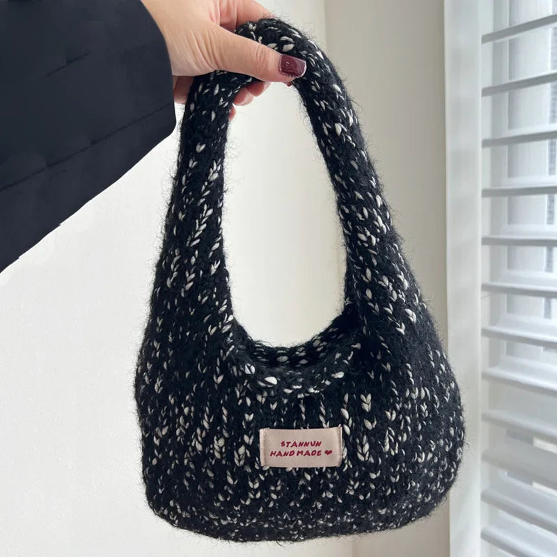 eybag  -  2024 Women's Small Square Wool Knitted Shoulder Bag Autumn Winter Tote Handbag Cotton Daily Wrist Bags