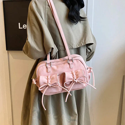 eybag  -  Small Bow Tie PU Leather Double Pockets Underarm Bags for Women 2024 Y2K New Luxury Shoulder Bag Females Handbags