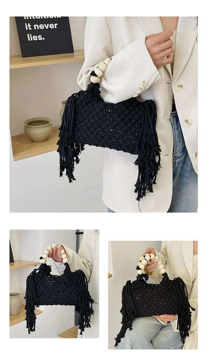 eybag  -  Luxury Designer Beading Tassel Wool Weave Women's Handbag Casual Crossbody Bag Hobos Tote